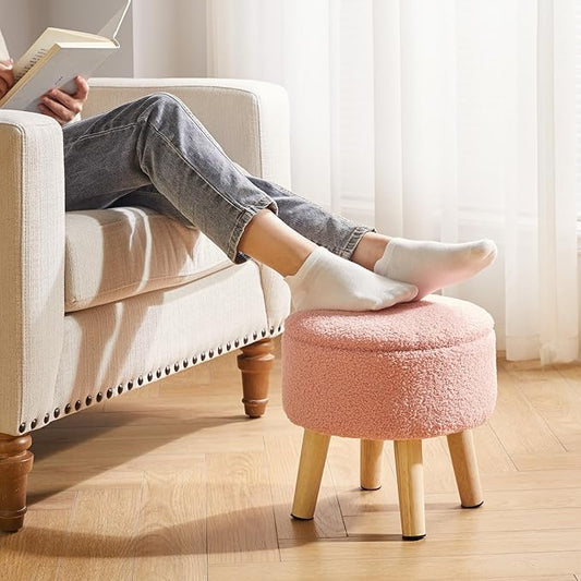 IBUYKE 13 Inch Foot Stool Ottoman with Storage, Round Small Foot Rest with Padded Seat and Wood Legs, Teddy Velvet Mini Footstool for Living Room Couch Bedroom Entryway, Pink WBD006P