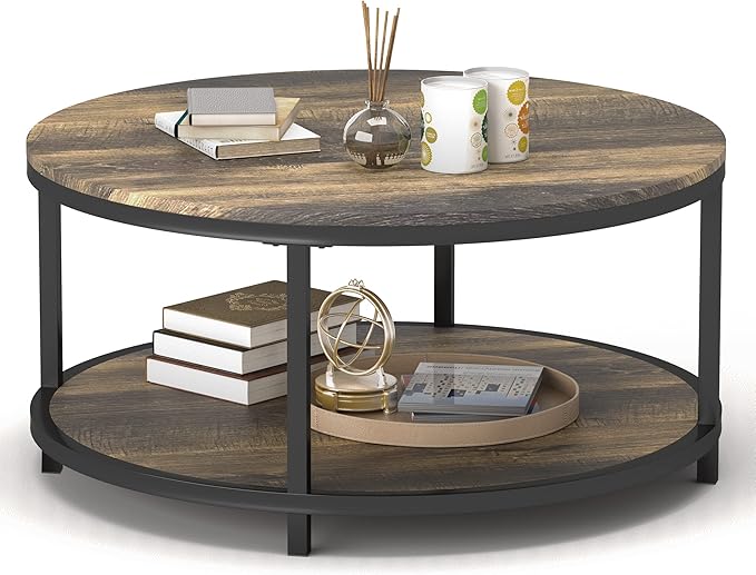 WiberWi Round Coffee Table 35.8" Rustic Vintage Industrial Design Furniture Sturdy Metal Frame Legs Sofa Table Cocktail Table with Storage Open Shelf for Living Room, Easy Assembly, Dark Brown