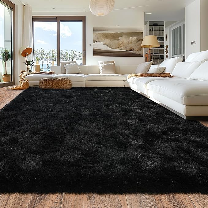 Large Rugs for Living Room 9x12, Soft Shaggy Modern Shag Area Rug for Bedroom, Upgrade Non-Slip Plush Fluffy Carpet for Kids Boys Girls Room Home Decor Aesthetic, Black