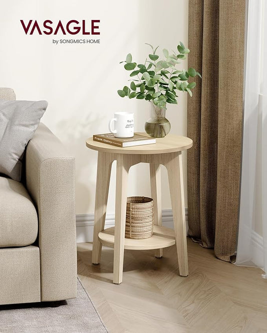 VASAGLE MAEZO Collection - Side Table, 2-Tier Small Round End Table, Nightstand with Tapered Legs, Curved Transitions, for Small Spaces, Living Room, Bedroom, Natural Beige ULET283N01