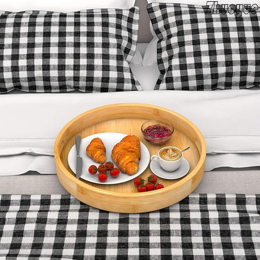 Zhuoyue 13“ Round Serving Tray with Handles - Wood Bamboo Decorative Tray for Ottoman, Coffee Table Circle Tray for Food, Cocktail, Drink