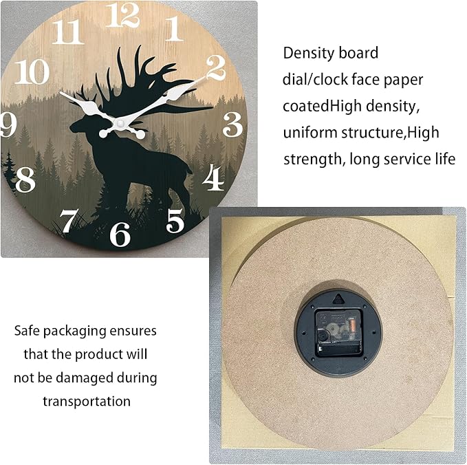 XFM Rustic Elk Deer Wall Clock 10 Inch Silent Wall Clocks Battery Operated Vintage Farmhouse Wooden Clocks Decorative for Living Room Bedroom Kitchen Cabin Decor