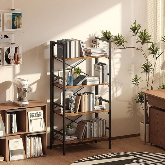 Homeiju Folding Bookshelf,4 Tier Bookcase Foldable Shelf with X-Bracket Design, Adjustable Feet, Space Saving Storage for Living Room, Office, Rustic Brown