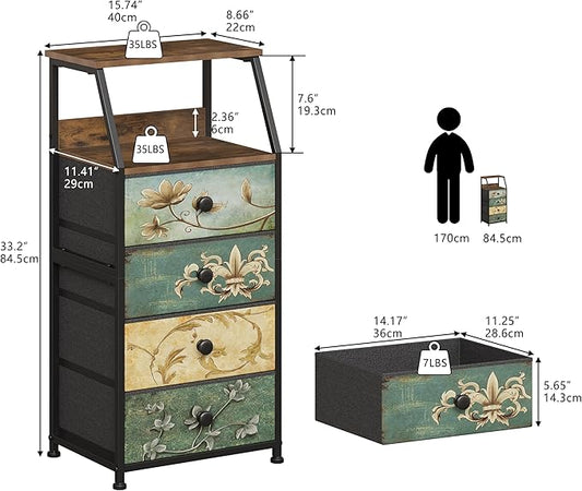 Tohomeor Dresser with Fabric Drawers Nightstand with 2 Tier Shelf Storage Tower for Bedroom Hallway Entryway Closet Organizer Sofa Beside Table Furniture (Multi, 4 Drawers)