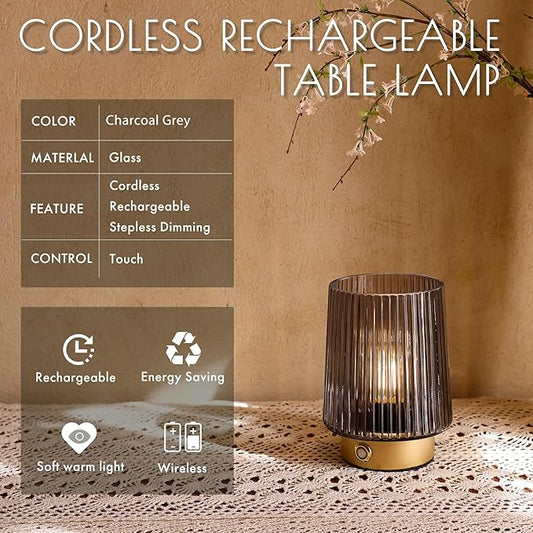 Cordless Lamp Rechargeable Battery Operated lamp, Glass Small Table lamp - Portable Dimmable Brightness Touch Wireless Bedside Lamp for Bedroom Kitchen Dining Home Living Room Decor Grey