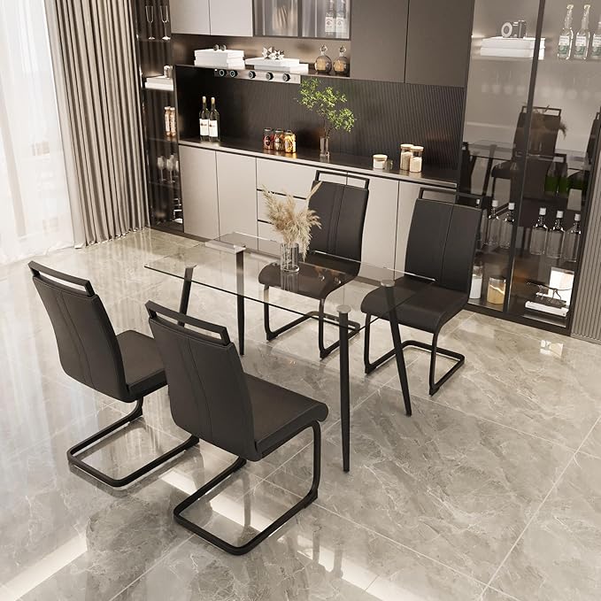 Glass Dining Table, 51'' Rectangle Dining Room Table,Modern Kitchen Table with Tempered Glass Tabletop and Metal Leg,Dining Table for 4 Suitable Kitchen Dining Living Meeting Room