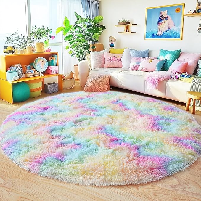 5'x5' Rainbow Round Rugs for Girls Bedroom, Ultra Soft Fluffy Circle Rug for Kids Room, Cute Shag Rugs for Living Room Playroom Tent Castle Home Decor Rug