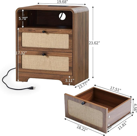 20" Wood Nightstand wiht 2 Drawer & Charging Station, Mid-Century Farmhouse Bedside End Table with Linen Decor, 2AC+USB+Type-C Port, Side Table with Storage for Livng Room (Walnut-charging)