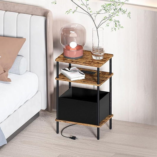Small Side Table with Charging Station, Set of 2 End Table for Small Spaces, Slim Nightstand with Outlet,Sofa Beside Table,Living Room, Bed Room, Rustic Brown