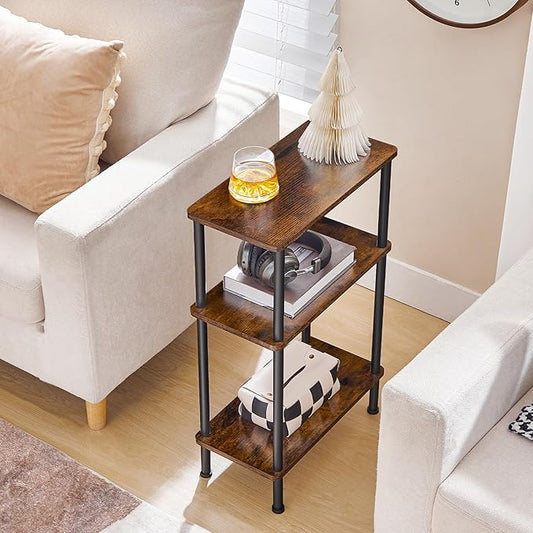 HOOBRO Narrow Side Table, 3-Tier Slim End Table No Tools Needed, Twist-On Assembly, Skinny Nightstand Sofa Storage Shelf for Living Room, Bedroom, Study, Rustic Brown and Black BF246BZP201