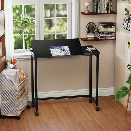 GreenForest Folding Desk with Adjustable Tiltable Desktop 0-90°, 31.5 inch Small Desk with Wheels, Rolling Drafting Table for Laptop, Reading, Writing, Drawing, Work, Black