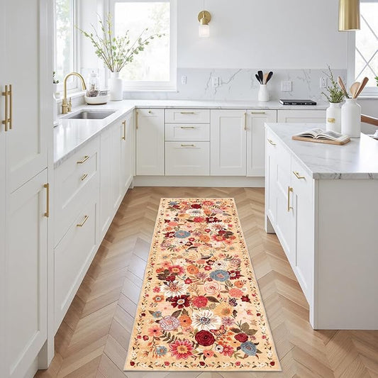 Rug for Hallways Kitchen Rug 2x6, Non Slip Washable Rugs with Rubber Backing Soft Floral Carpet Runner for Hallways, Kitchen, Laundry, Bedroom, Bathroom(Yellow Garden, 2 x 6)