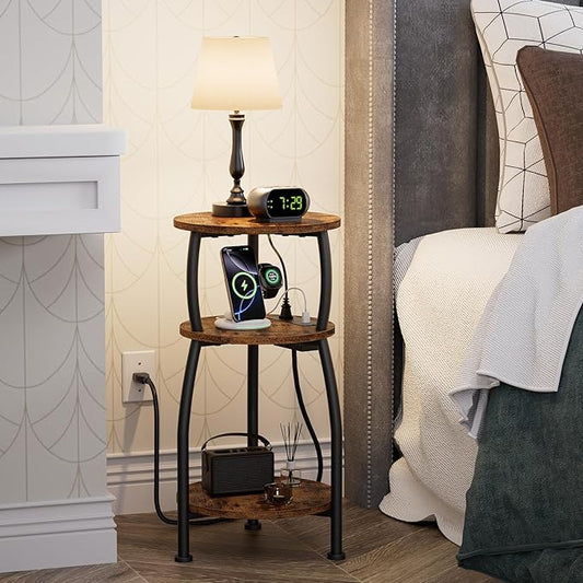 Round Side Table with Power Outlet & USB Ports, 3-Tier End Table with Storage Shelf, Modern Rustic Nightstand, Small Spaces Accent Table for Living Room Bedroom, Easy Assembly, Rustic Brown