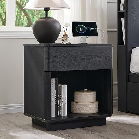 ACCOHOHO Modern Nightstand Set of 2 with Charger Station, 22" Wide Night Stand with Storage Drawer & Open Shelf, Large Bedside Table for Bedroom, Wood End Table, Curved Profile, Black