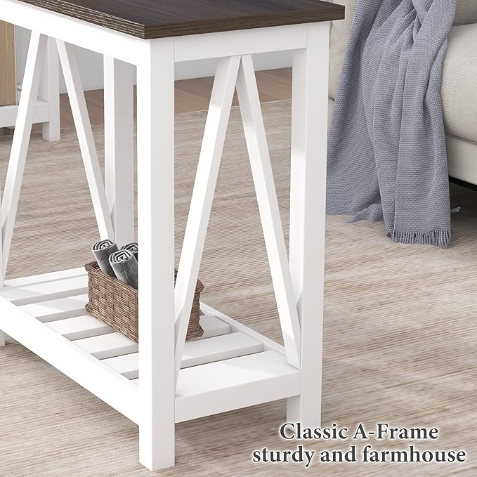 ChooChoo Farmhouse End Table Set of 2, Rustic Vintage Narrow End Side Table with Storage Shelf for Small Spaces, Nightstand Sofa Table for Living Room, Bedroom White
