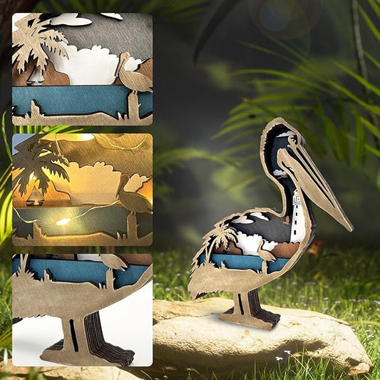 3D Wooden Carving Animals Lamp - Creative Fox Squirrel Wood Carved LED Night Light Garden Yard Wooden Animals Sculpture Ornaments Desktop Home Decor Birthday Gifts for Family Friend (Pelicans)