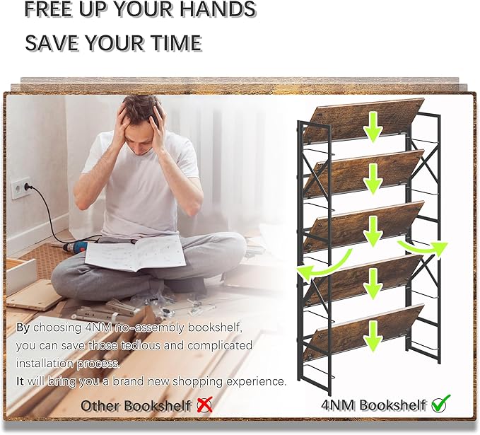 4NM Extra Wide 5 Tiers No Assembly Book Shelves, 51.2" H Folding Bookshelf Bookcase Open Industrial Foldable Shelves for Bedroom, Living Room, Home Office - Rustic Brown Black