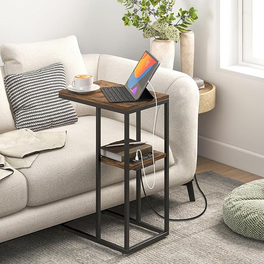 Yoobure C Shaped End Table with Charging Station, Small Side Table for Sofa,26" Tall Tv Tray Couch Table with Storage,Bedside Table with USB Ports and Outlets for Living Room, Bedroom, Rustic Brown