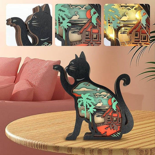 Drawelry 3D Wooden Carving Animals Lamp - Creative Fox Squirrel Wood Carved LED Night Light Garden Yard Wooden Animals Sculpture Ornaments Desktop Home Decor Birthday Gifts for Family Friend (Cat)