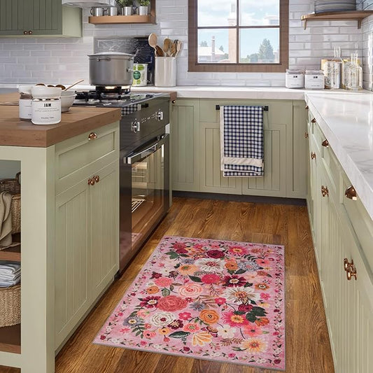 Pink Floral Rug for Entryway, 2X3 Washable Kitchen Mat Ultra-Thin Soft, Non-Slip Indoor Door Carpet Stain Resistant Boho Small Low-Pile Throw for Bathroom Bedroom (2 x 3, Pink Garden)