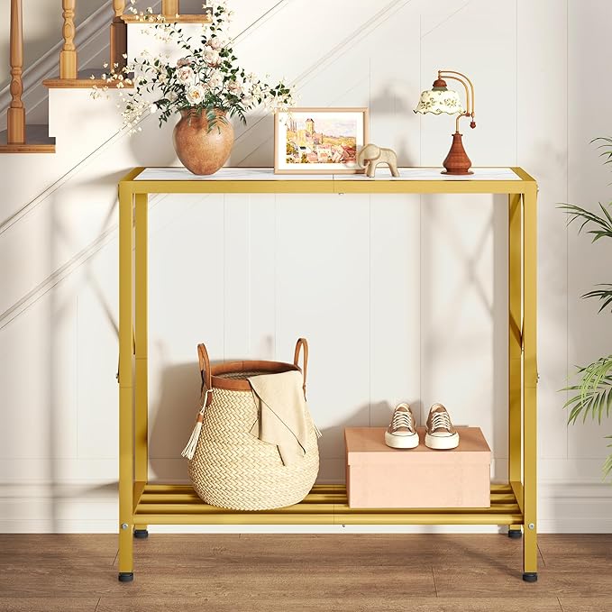 Tajsoon 28.3" Entryway Table, 2-Tier Small Consle Table for Entryway, Narrow Sofa Table with Shelves, Entrace Table for Hallway, Living Room, Corridor, Office, Gold & White