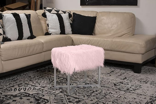 BIRDROCK HOME Rectangular Faux Fur Vanity Stool Ottoman w/White Metal Legs - Small Fluffy Makeup Seat - Cute Foot Rest for Bedroom, Desk, or Dressing Table - Compact Chair for Girls Dorm Room - Pink
