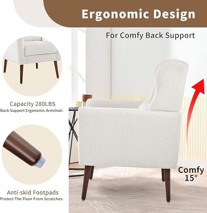 Modern Accent Chair, Upholstered Arm Chair with Waist Pillow, Single Sofa Chair for Living Room Bedroom Small Spaces (White)