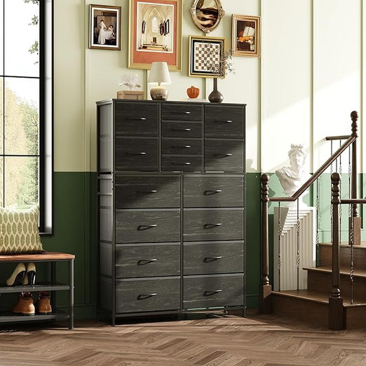 Tall Console Table with 16 Fabric Drawers, Entryway Table with Storage, Large Storage Organizer with Wood Top, Steel Frame for Living Room, Hallway, Office, Charcoal Black Wood Grain Print