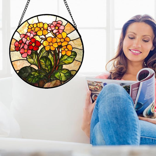 Stained Glass Window Hanging, Yellow Red Flowers Sun Catcher for Window Door Home Decor Green Plant Suncatcher Christmas Mother's Day Birthday Gifts for Women Men Mom and Nana 15 in