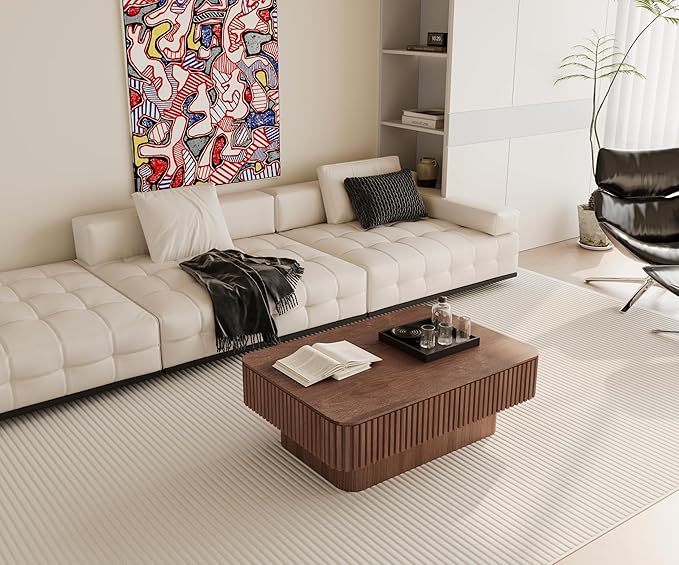 38.6'' Lift Top Fluted Coffee Table with Hidden Compartment, Modern Rectangular Wooden Center Table Cocktail Tea Table with Storage and Adjustable Height for Living Room Apartment, Walnut