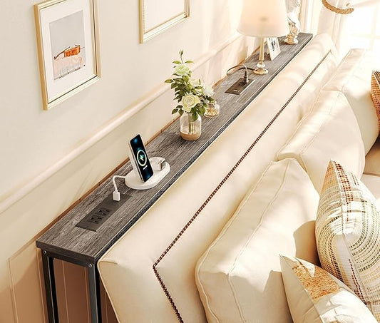 SUPERJARE 5.7 Inch Console Table with Outlet, Sofa Table, Behind Couch Table, 5.7 x 39.4 x 29.7 Inches, Metal Frame, Charging Station, Charcoal Grey