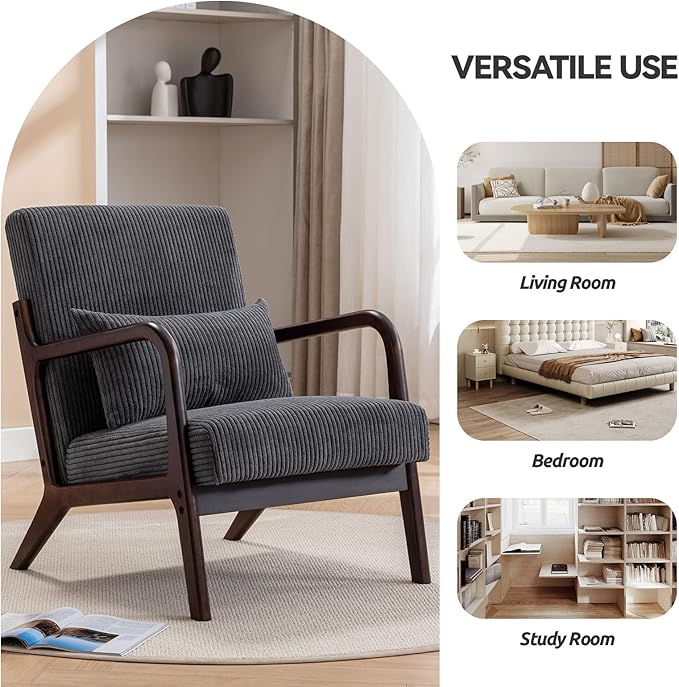 Accent Chair Mid Century Modern Chair, Living Room Chairs with Pillow Upholstered Lounge Arm Chair Reading Chair with Solid Wood Frame & Corduroy Fabrics for Living Room Bedroom