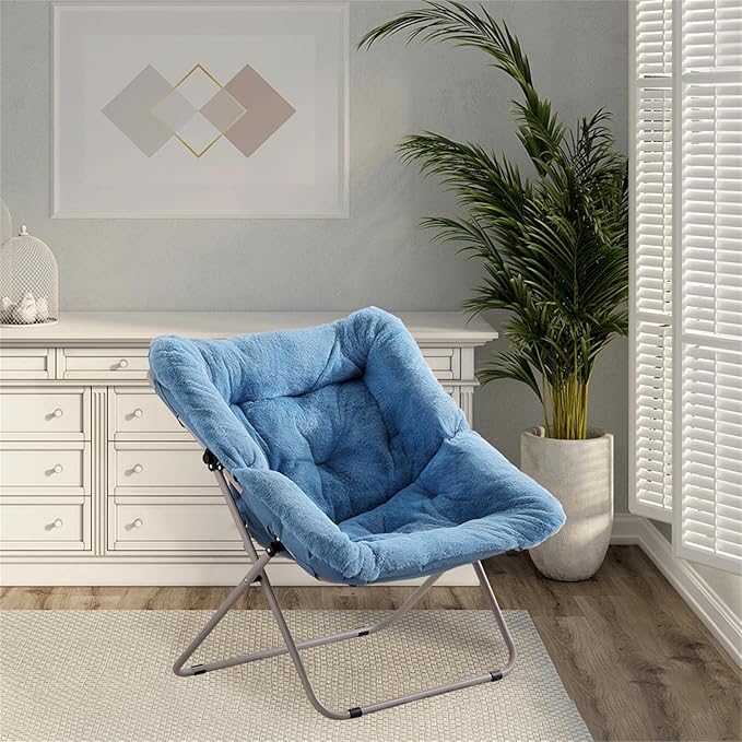 Saucer Chair, Comfy Bedroom Chairs, Oversized Folding Faux Fur Chair, Foldable Metal Frame Chair for Bedroom, Living Room, Balcony, Patio (Blue)