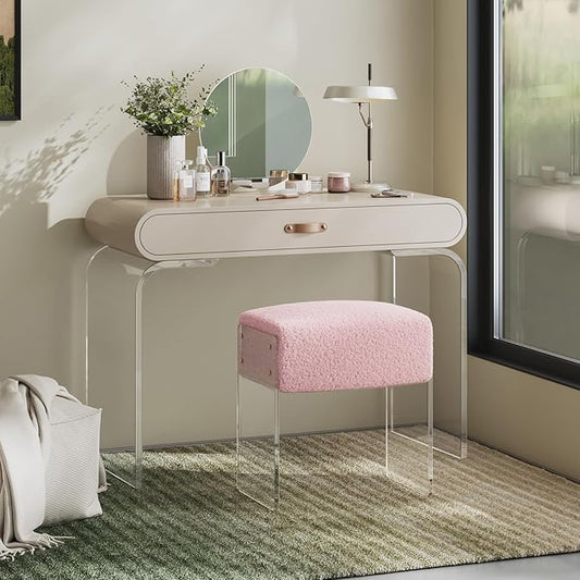 Vanity Stool Chair and Foot Rest -Modern Vanity Stool and Pouf Ottoman with Wool and Acrylic Leg for Makeup Room, Living Room, Bedroom Pink