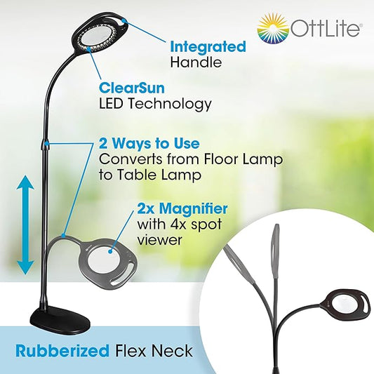 OttLite 2-in-1 ClearSun LED Magnifier Light Floor and Table Lamp – Optical Grade Hands-Free Magnifying LED Light, Modern Design for Crafting, Sewing, Reading, Needlework