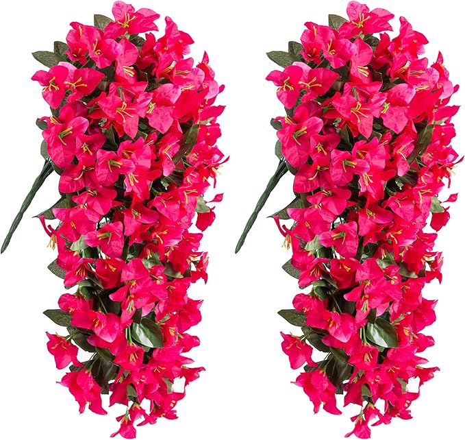 HyeFlora Bougainvillea Artificial Hanging Flowers Plants for Outdoors Decoration, 2pcs Fake Flowers Silk Bougainvillea Vines Realistic UV Resistant Faux Flowers for Planters Porch Patio Urn, Hot Pink
