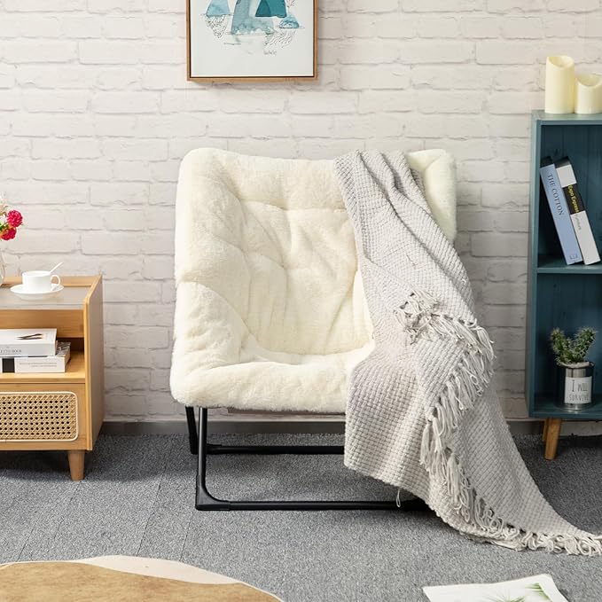 HollyHOME X-Large Saucer Chair, Comfy Oversized Folding Chair, Faux-Fur Reading Chair for Teens, Adults, Foldable Accent Lazy Chair, Metal Frame Lounge Chair for Living Room, Bedroom, Dorm, Beige
