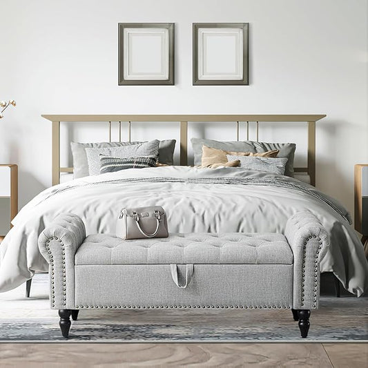 Furniliving 51” Bedroom Bench, End of Bed Bench with Button-Tufted Large Upholstered Storage Bench Ottoman Linen Window Benches with Storage Shoe Cabinet, for Bedroom, Entryway, Closet, Grey