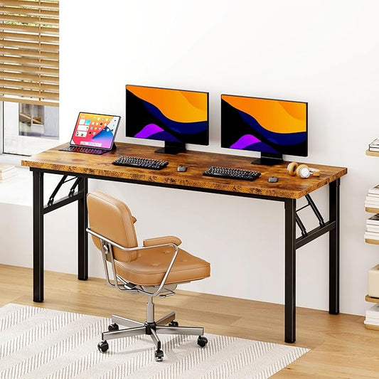 DlandHome Folding Table Computer Desk 62 Inches Workstation Table Conference Table Home Office Desk Fully Assembled Retro and Black Frame