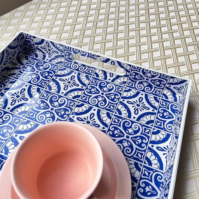 2 Pack Serving Tray with Handles, Rectangular Decorative Trays for Coffee Table, Modern Blue Plastic Ottoman Tray for Living Room, Bathroom, Kitchen, Decor, (Boho Blue)