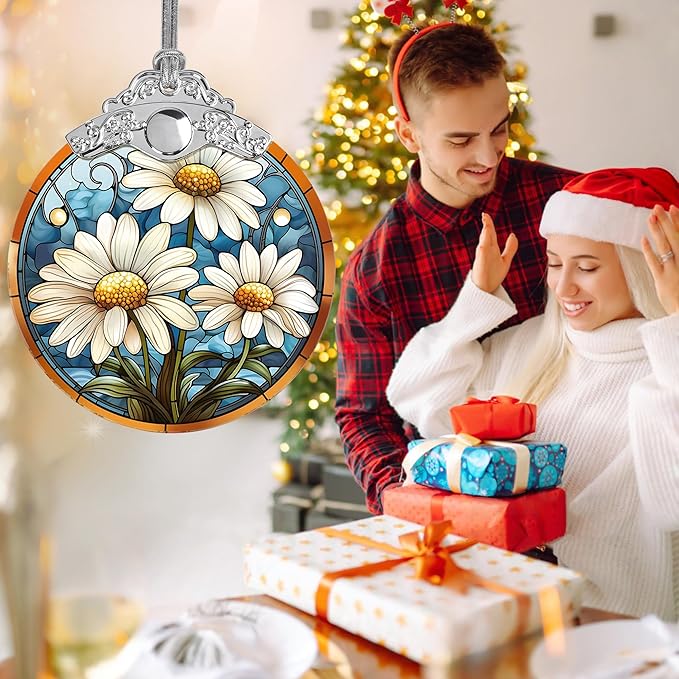 Stained Glass Christmas Ornament, Jocidea Daisy Christmas Decorations, Christmas Tree Ornament, Daisy Lovers Gifts, Holiday Decor and Xmas Gifts Ideas