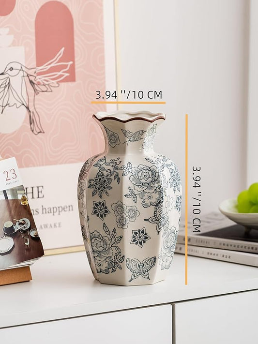 Blue and White Vase, Vintage Blue Ceramic Flower Vessel,Ceramic vases for Home Decor,Vintage Green and Beige for Console Table Mantle Chinoiserie Decor (Retro-02, Large)