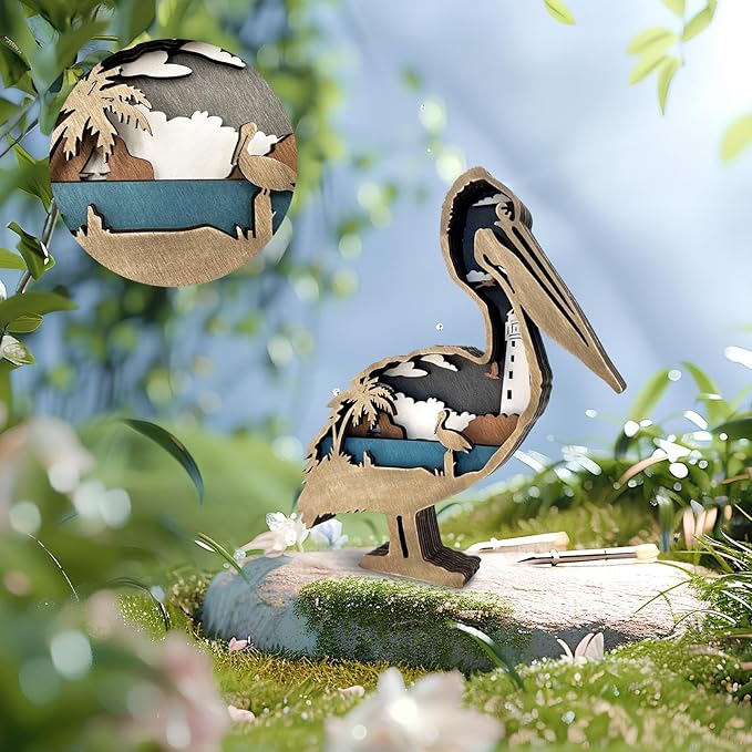 3D Wooden Carving Animals Lamp - Creative Fox Squirrel Wood Carved LED Night Light Garden Yard Wooden Animals Sculpture Ornaments Desktop Home Decor Birthday Gifts for Family Friend (Pelicans)