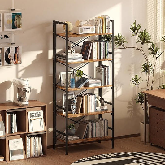Folding Bookshelf,5 Tier Bookcase Foldable Shelf with X-Bracket Design, Adjustable Feet, Space Saving Storage for Living Room, Office, Rustic Brown