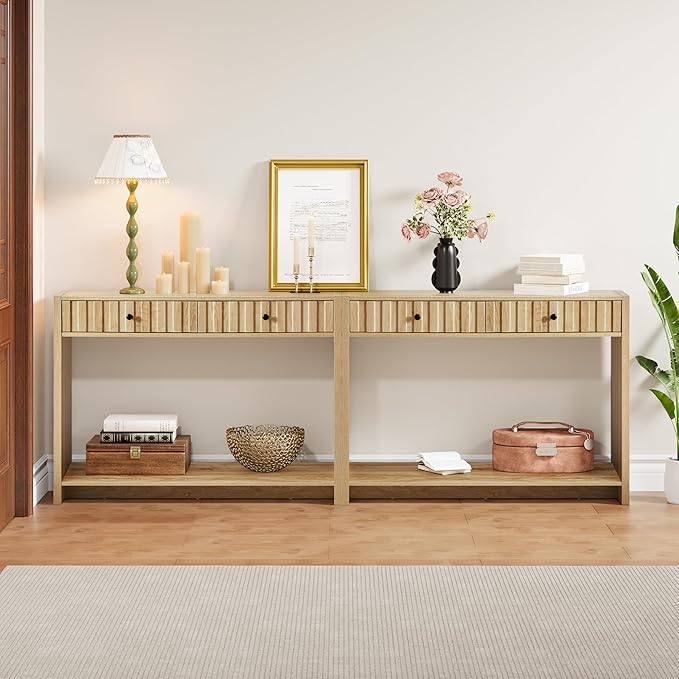 AVZEAR Entryway Console Table with Fluted Drawers, Mid Century Entryway Table with Storage, 43" Long Couch Behind Sofa Narrow Tables for Living Room Hallway Entrance, Natural