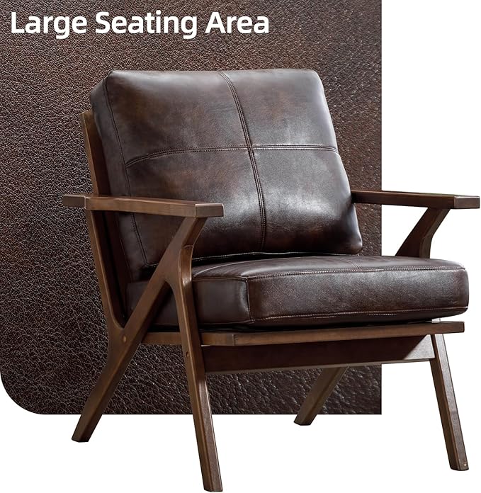 INZOY Mid-Century Modern Accent Chair with Wood Frame, PU Leather Living Room Chair and Soft Thick Padded Armchair for Living Room Bedroom Reception with Removable Upholstered Cushions, Brown
