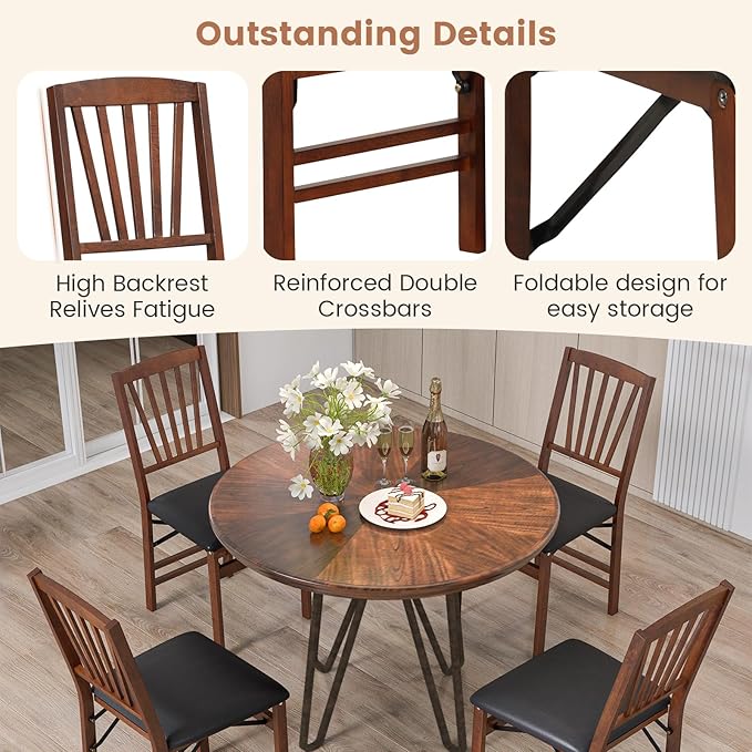 Folding Chairs Set 4, Wooden Foldable No Assembly Chair-Set with Padded Seats, Solid Wood Frame, 400 lbs Weight Capacity, Space Saving Dining Chairs for Small Space, Guests Kitchen (4, Slatted Back)