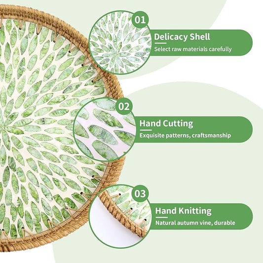 Round Rattan Tray with Mother of Pearl Inlay, Decorative Rattan Serving Tray for Home Boho Decor, Coffee Table, Bread, Food, Tea, Ottoman Trays-Fruit Wicker Basket, 100% Natural Materials Green- 13.8"