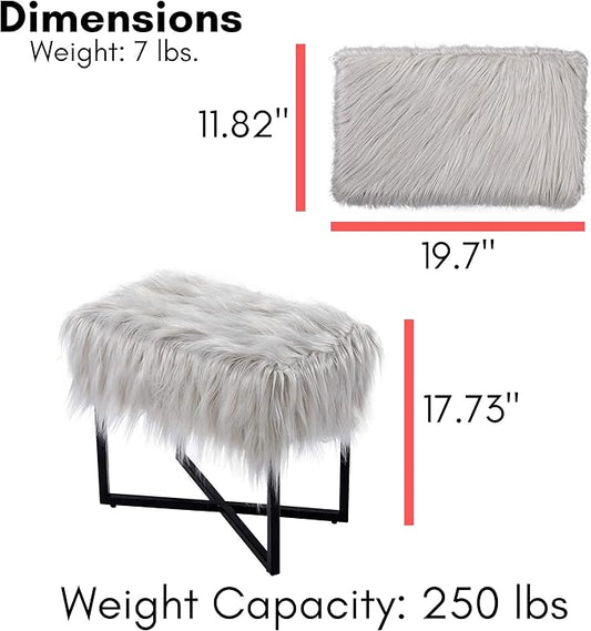 BIRDROCK HOME Rectangular Faux Fur Vanity Stool Ottoman w/Black Metal Legs - Small Fluffy Makeup Seat - Cute Foot Rest for Bedroom, Desk, or Dressing Table - Compact Chair for Girls Dorm Room - Grey
