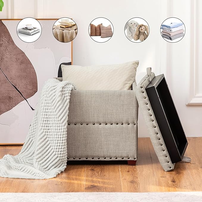 Adeco 18 Inch High Cube Ottoman Storage, Linen Beige Chair Foot Stools with Tray, Upholstered Vanity Stool with Solid Wood Legs